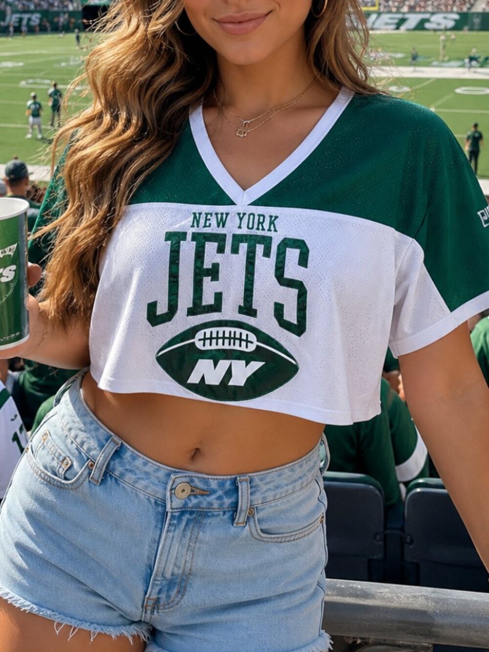 Victoria’s Secret PINK NY Jets Cropped Jersey Top Size L Green White Mesh V-Neck